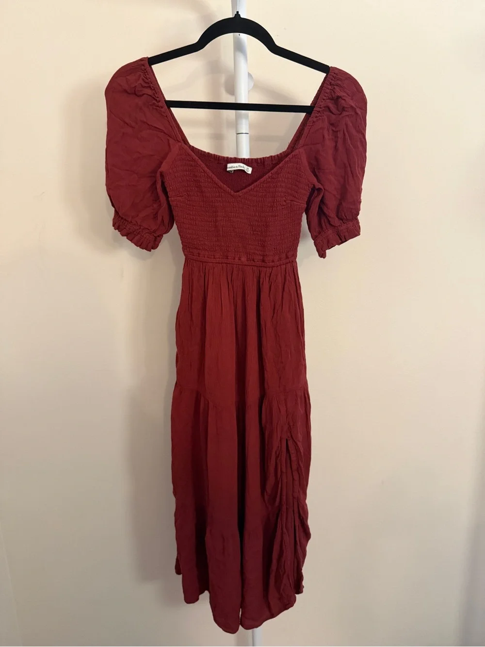 Abercrombie and Fitch Wine Red Smocked Puff-Sleeve Midi Dress