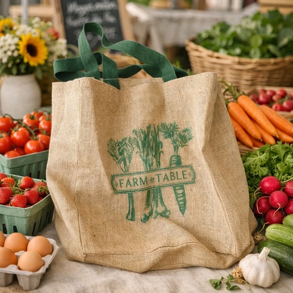 Farm to Table Burlap Tote Bag with Green Handles
