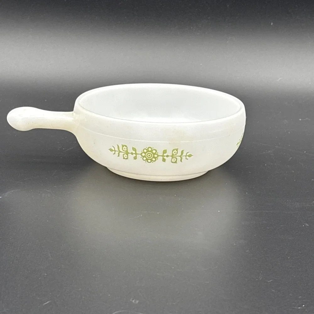 Vintage Glasbake Milk Glass Handled Soup Bowl Green Daisy Floral J-2639 MCM USA