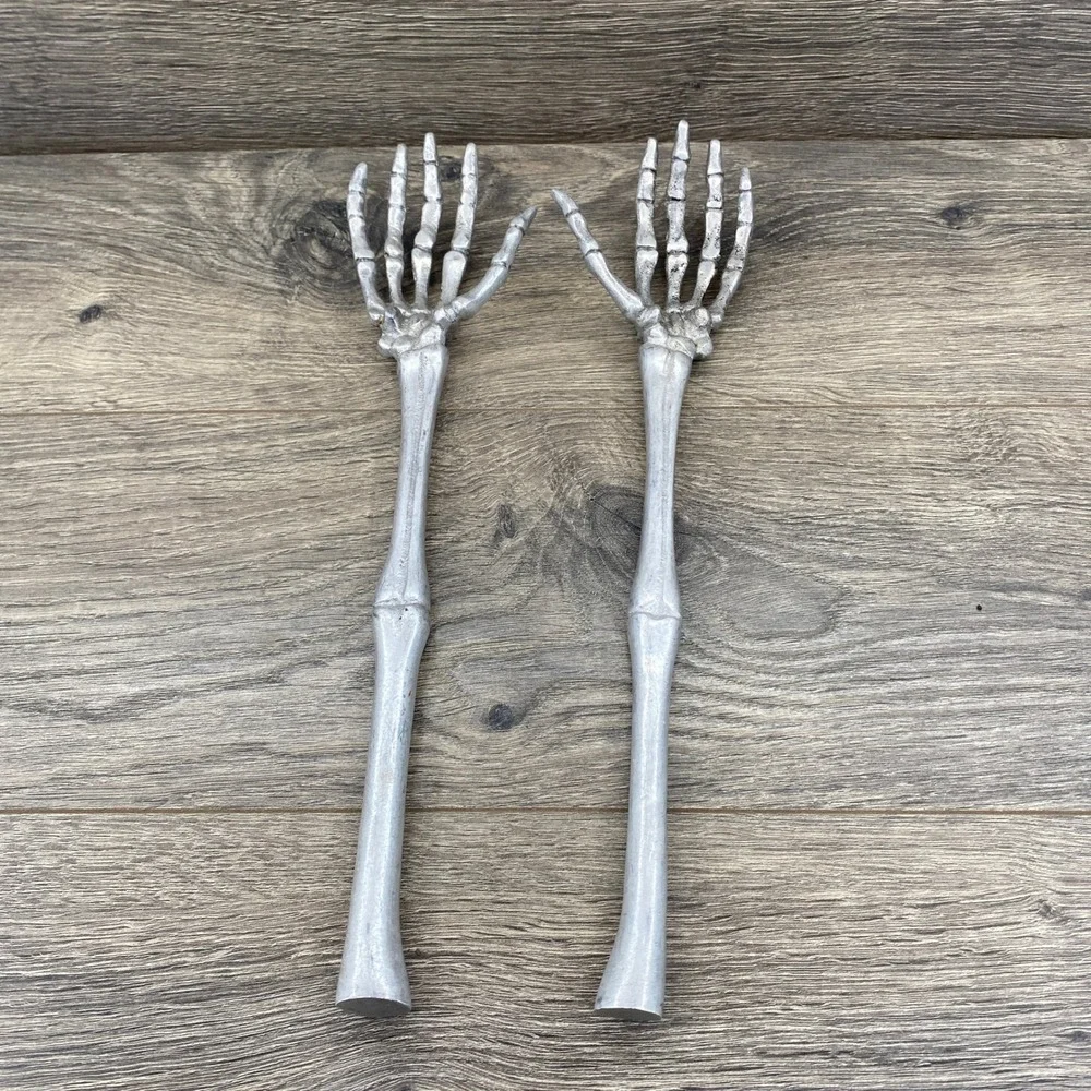 Silver Metal Skeleton Hand Salad Servers Gothic Halloween Decor 13‎ Inch Pair
