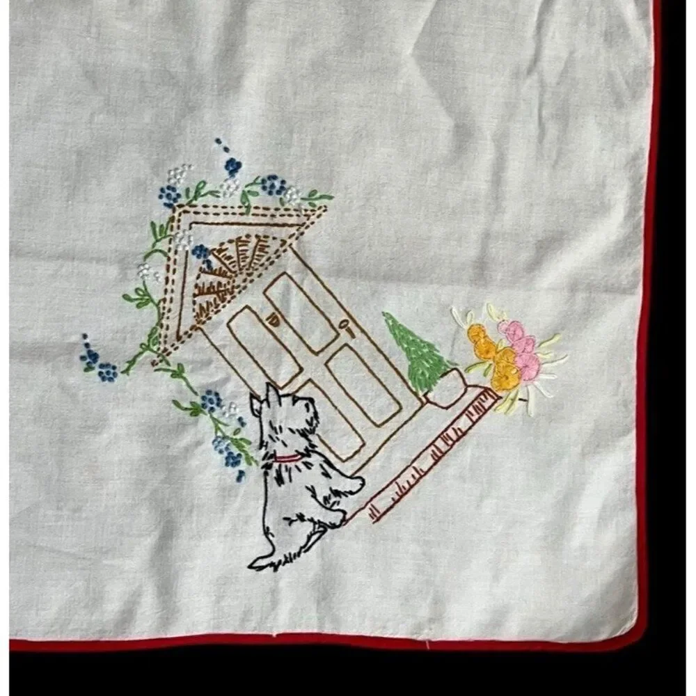 Hand Embroidered Scottish Terrier Bridge Card Table Tablecloth Scottie Dog