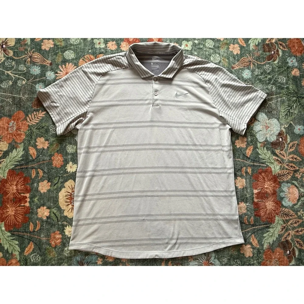 Nike Golf Tiger Woods Mens XL Grey Striped Short Sleeve Polo Shirt Snag‎