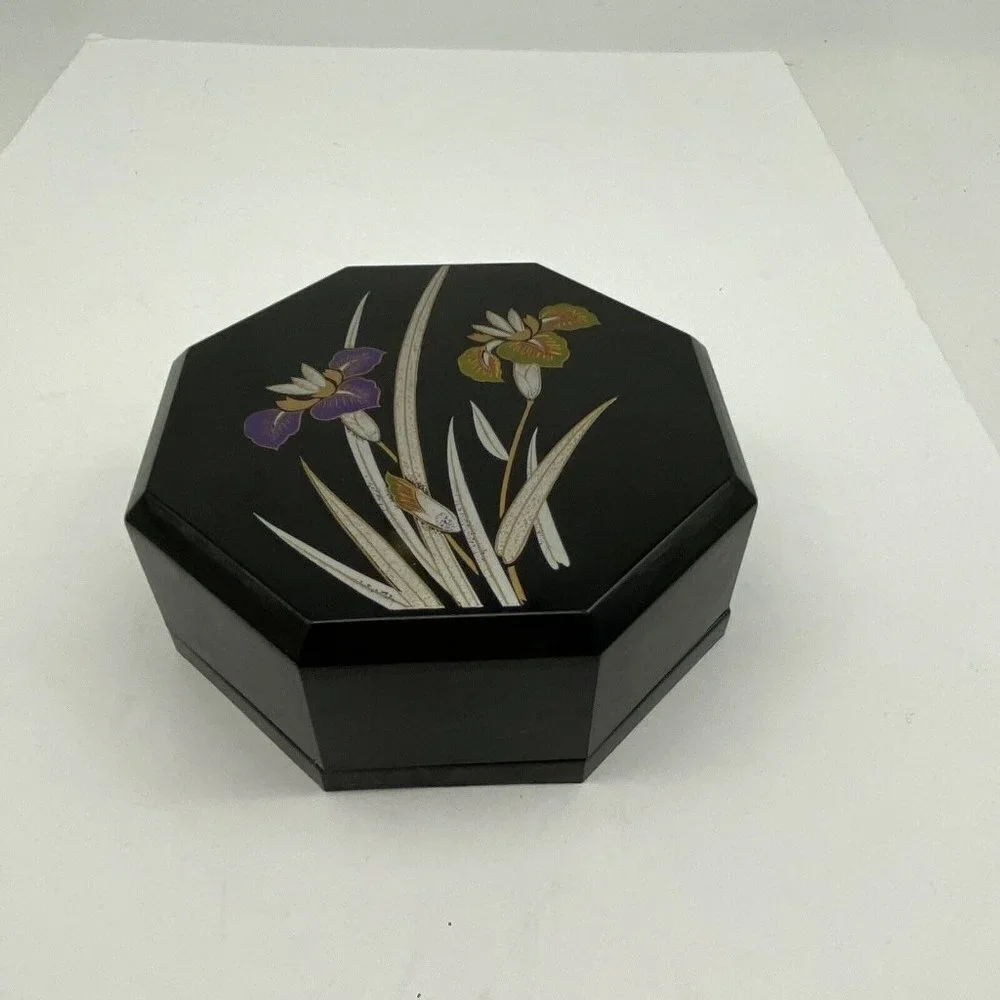 VTG Yamanaka Japan Lacquerware Nesting Boxes‎ Black Floral Trinket 2pc 70s *flaw