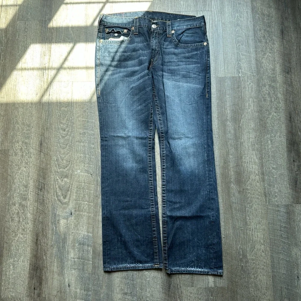 True Religion Men's 38 Blue Super‎ T Flap Jeans Mb3 Thick Stitch Semetary Keef