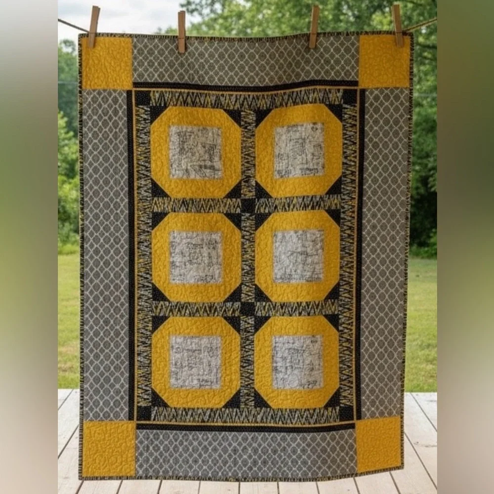 Handmade Modern Yellow Black Quilt Throw 52x54 Lap Size‎