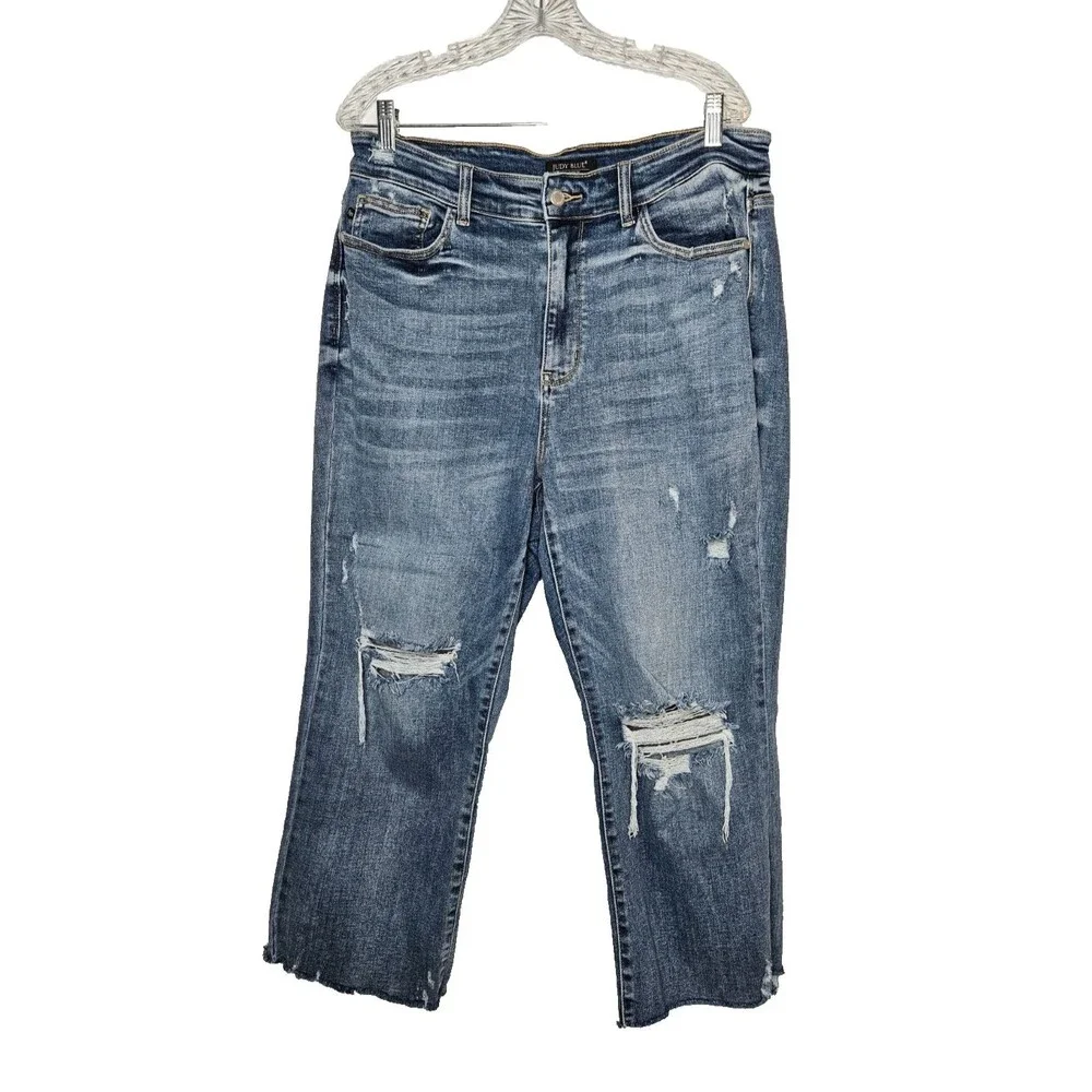 JUDY BLUE High Waist Destroy Wide Leg Jeans 14W Medium Wash Raw Hem Distressed