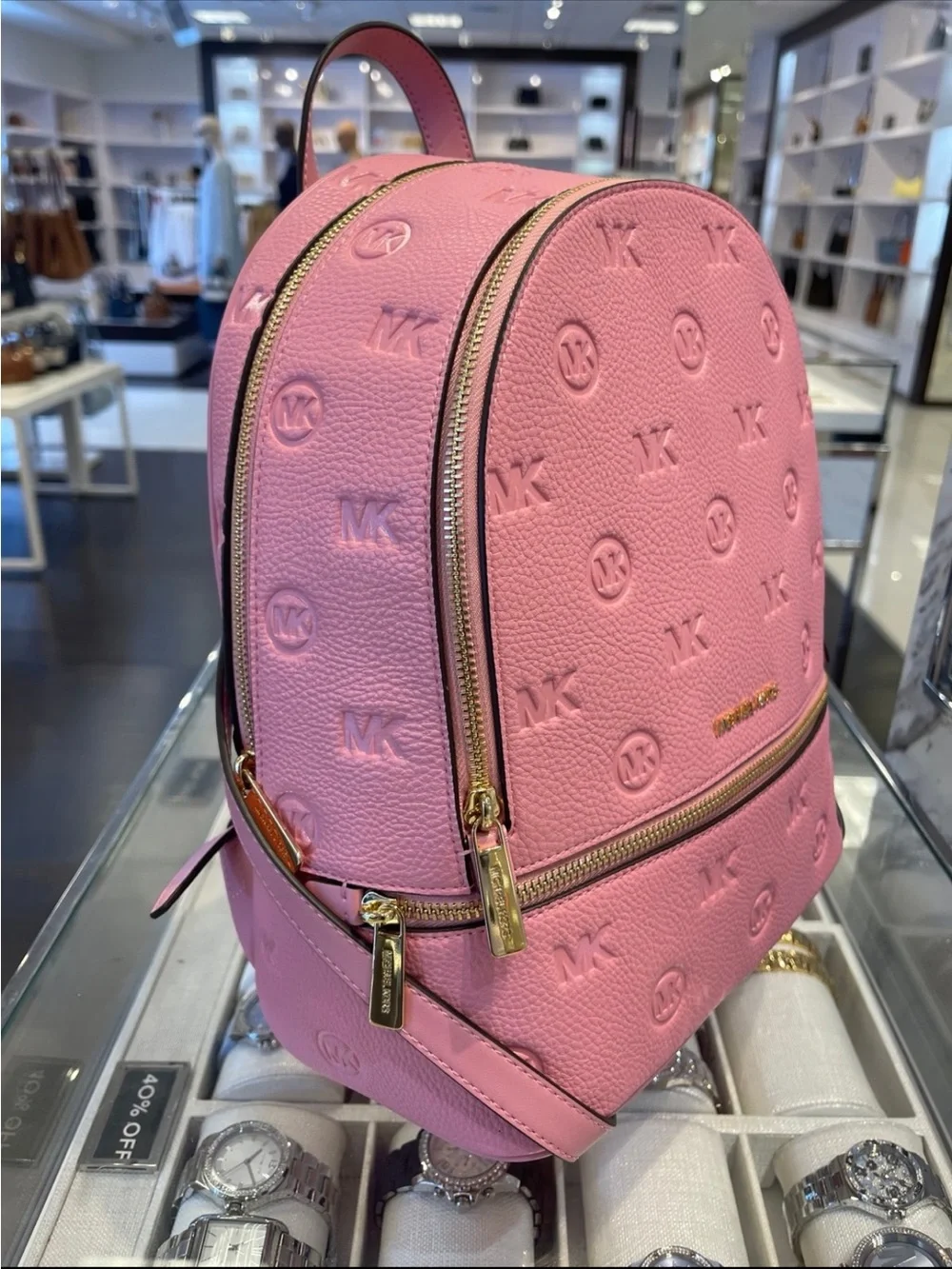 Michael Kors Pink Embossed MK Pebbled Leather Mini Backpack