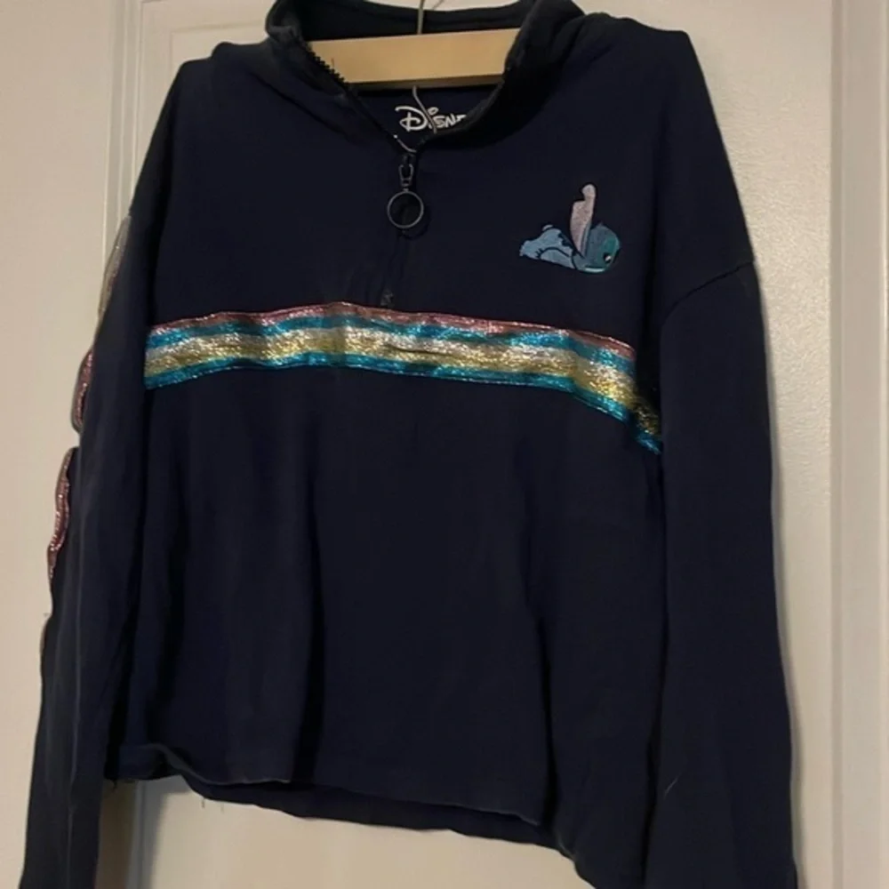 Disney Stitch Blue Rainbow Sparkle Quarter Zip Sweatshirt