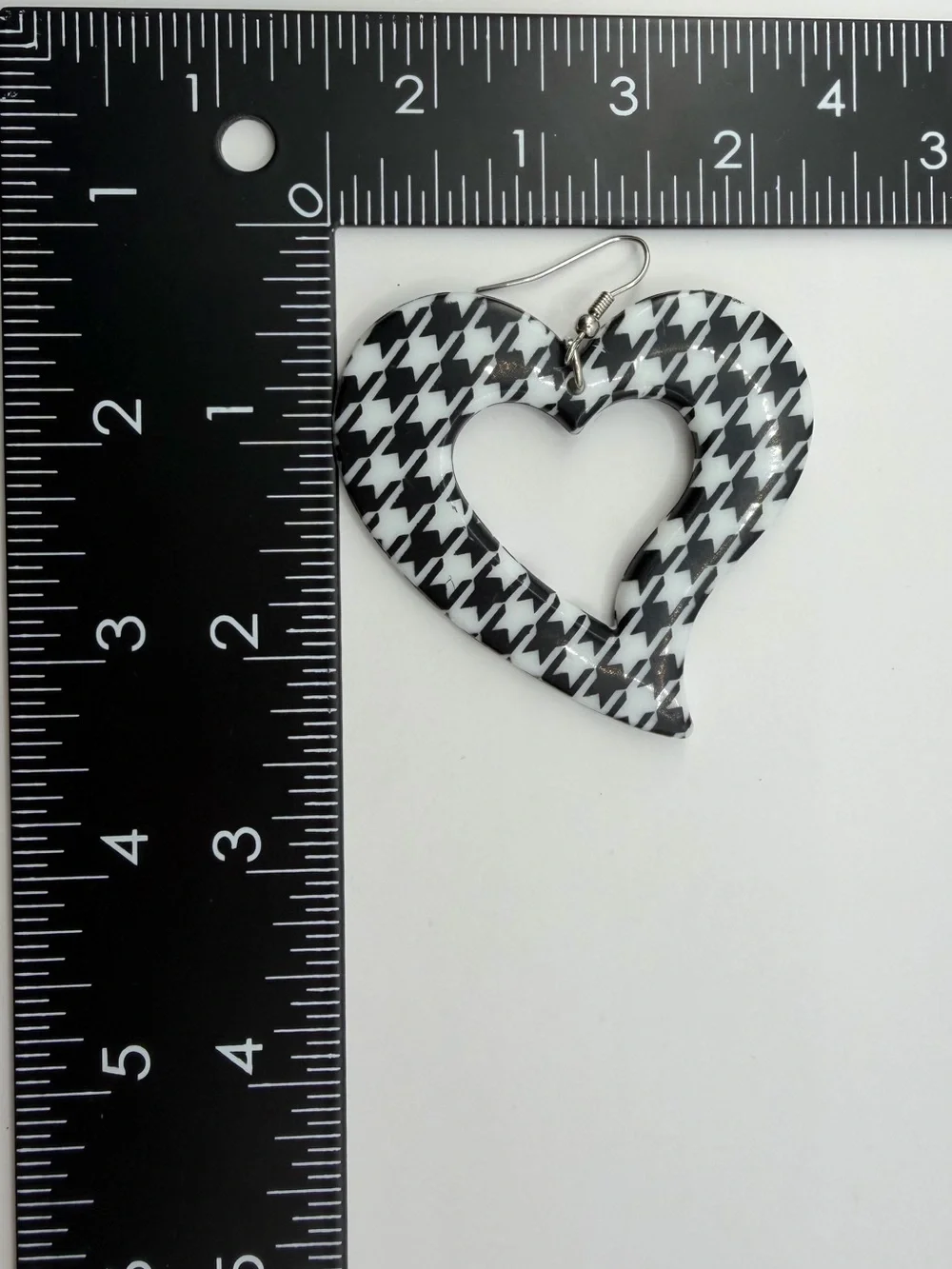Houndstooth Heart Earrings | Black White Open Dangle Earrings