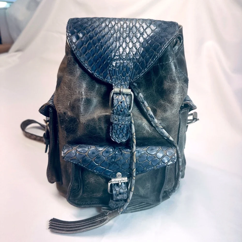 Distressed Leather Mini Backpack Blue Snake Embossed Flap Pockets Buckle Closure