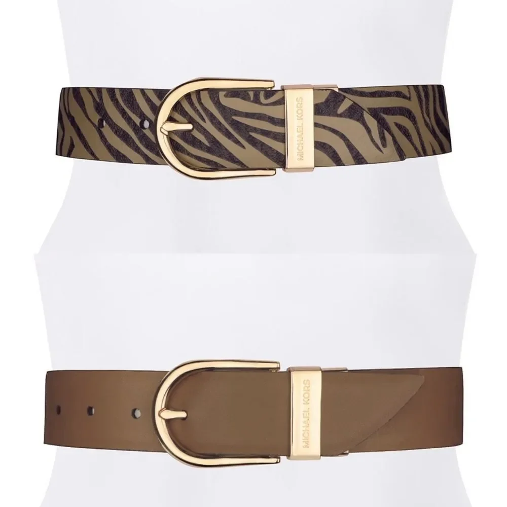 New! MICHAEL KORS Reversible Leather Belt Zebra Print Gold-tone Logo Buckle SM