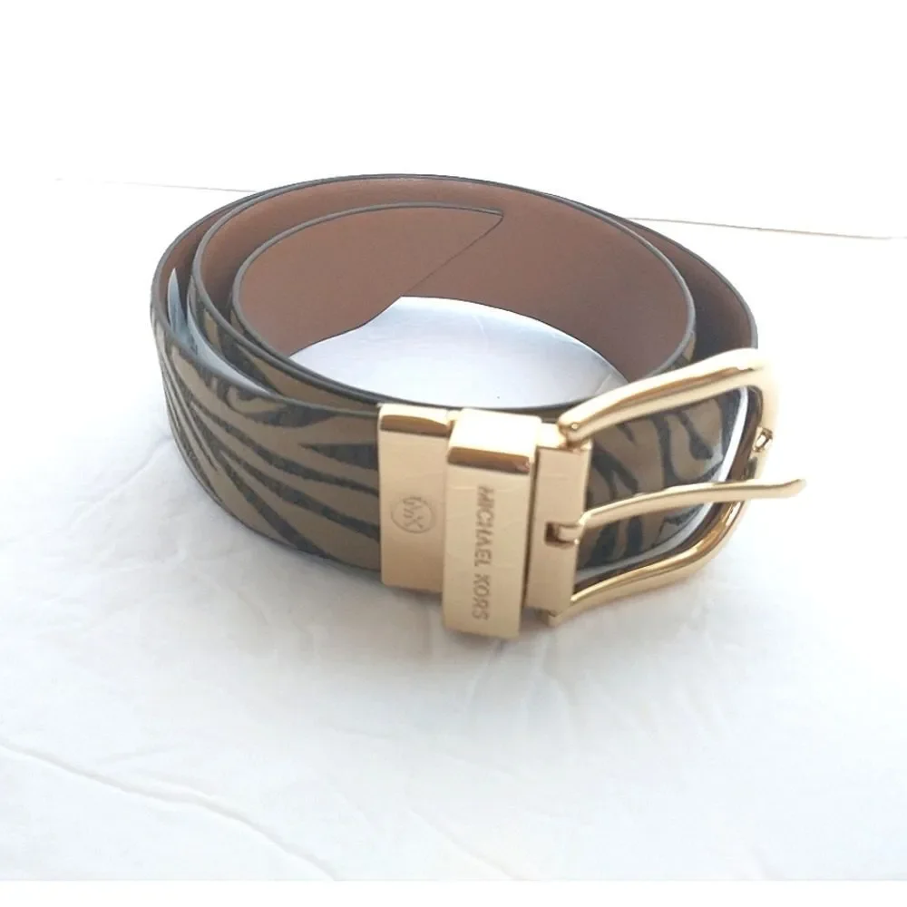New! MICHAEL KORS Reversible Leather Belt Zebra Print Gold-tone Logo Buckle SM