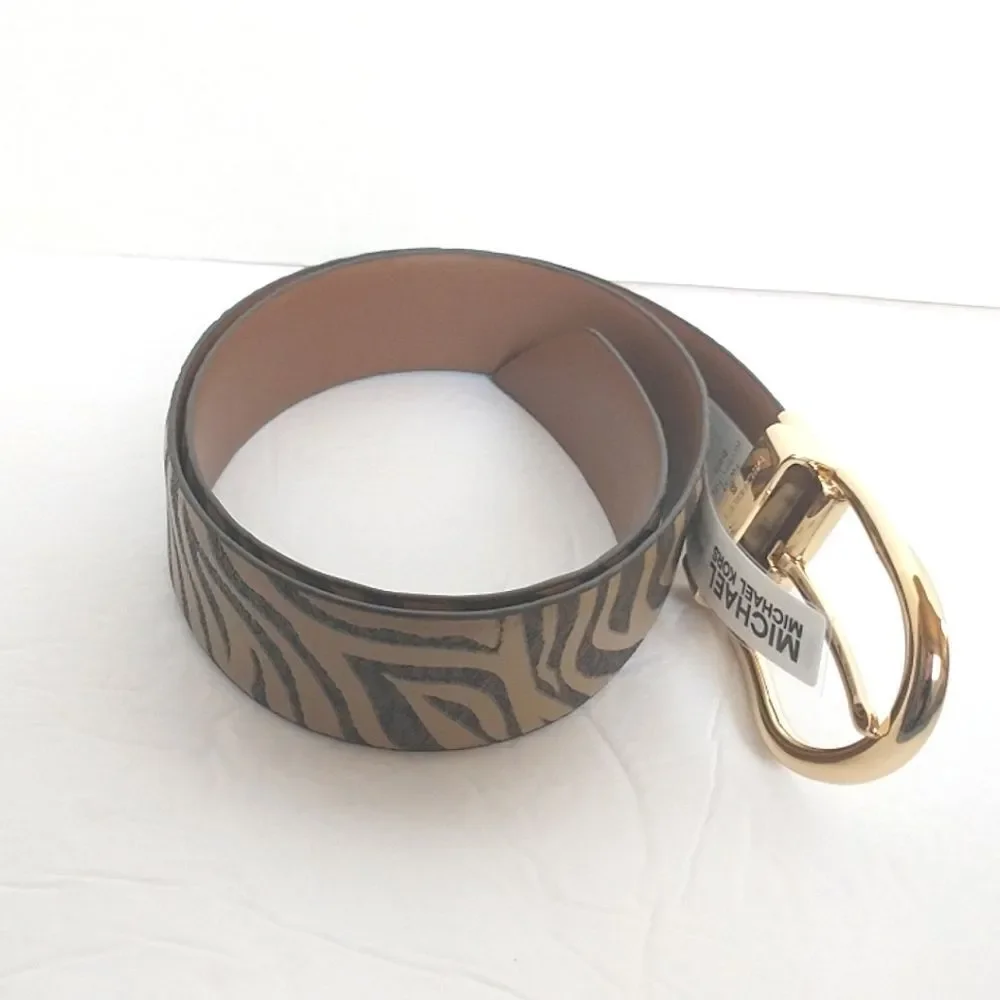 New! MICHAEL KORS Reversible Leather Belt Zebra Print Gold-tone Logo Buckle SM