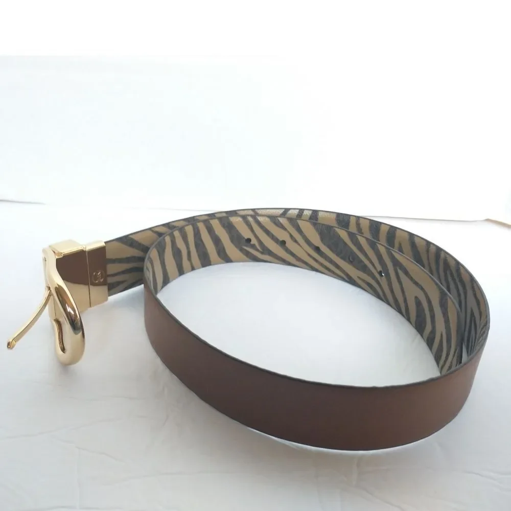 New! MICHAEL KORS Reversible Leather Belt Zebra Print Gold-tone Logo Buckle SM