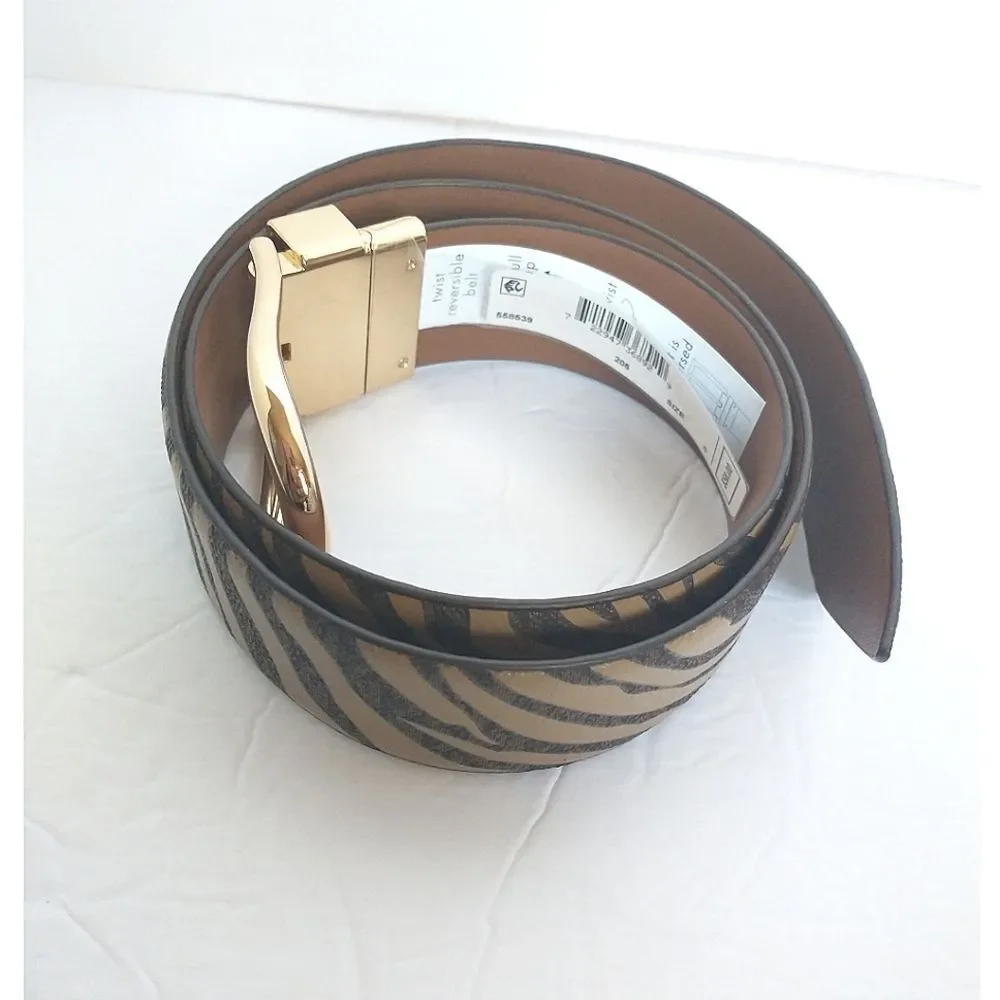 New! MICHAEL KORS Reversible Leather Belt Zebra Print Gold-tone Logo Buckle SM