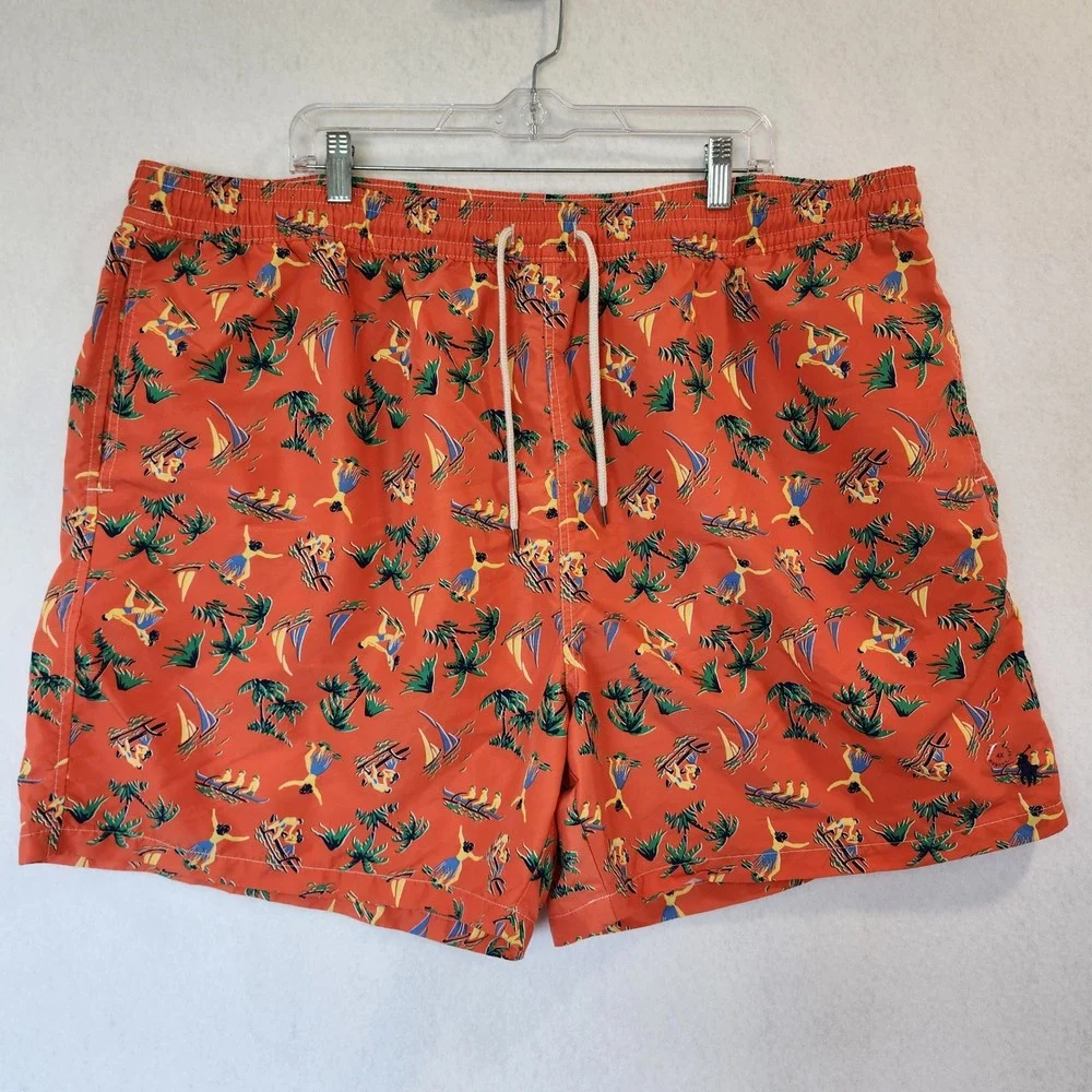 Polo Ralph Lauren Mens 4XB‎ Orange Tropical Hula Dancer Swim Trunks Big & Tall