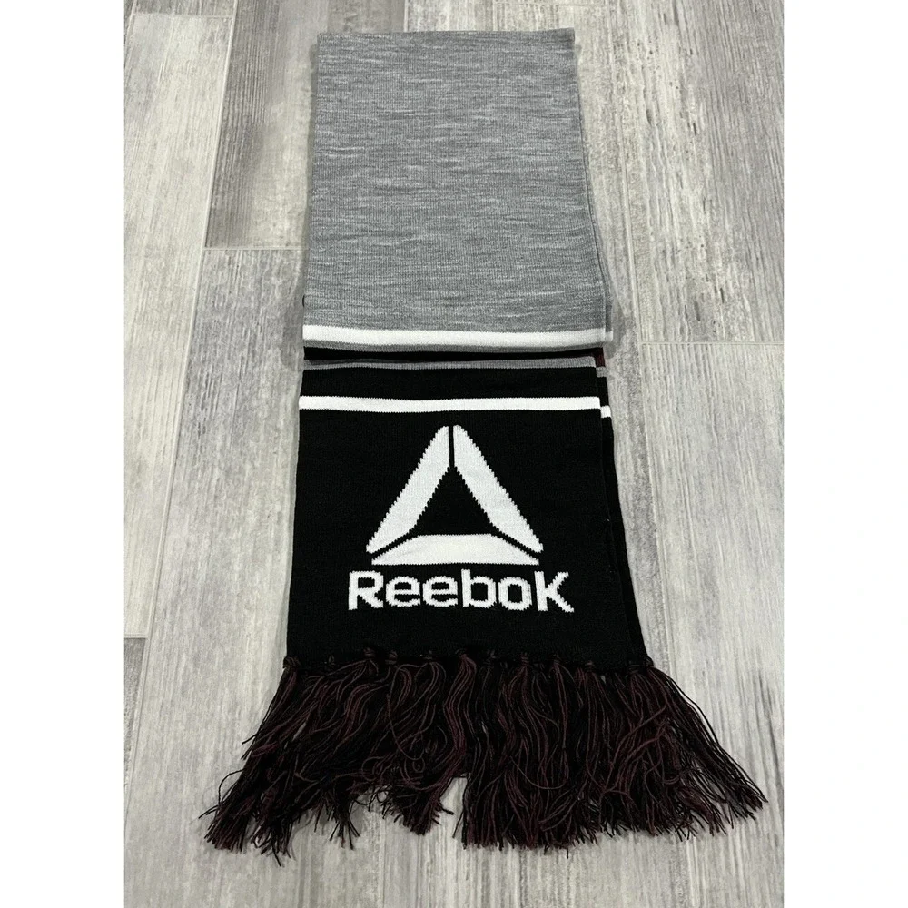 Reebok Scarf with Fringe Gray Wine Black White Logo SOFT Recycled‎ Material NEW