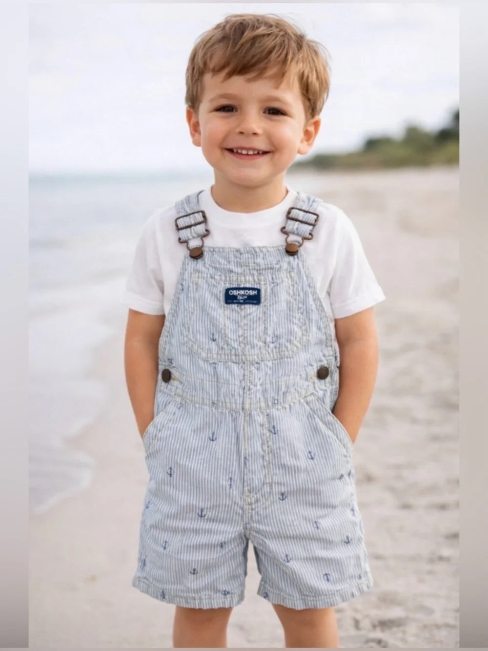 OshKosh B’gosh 4T Nautical Anchor Shortalls Blue White Stripe Adjustable Overall