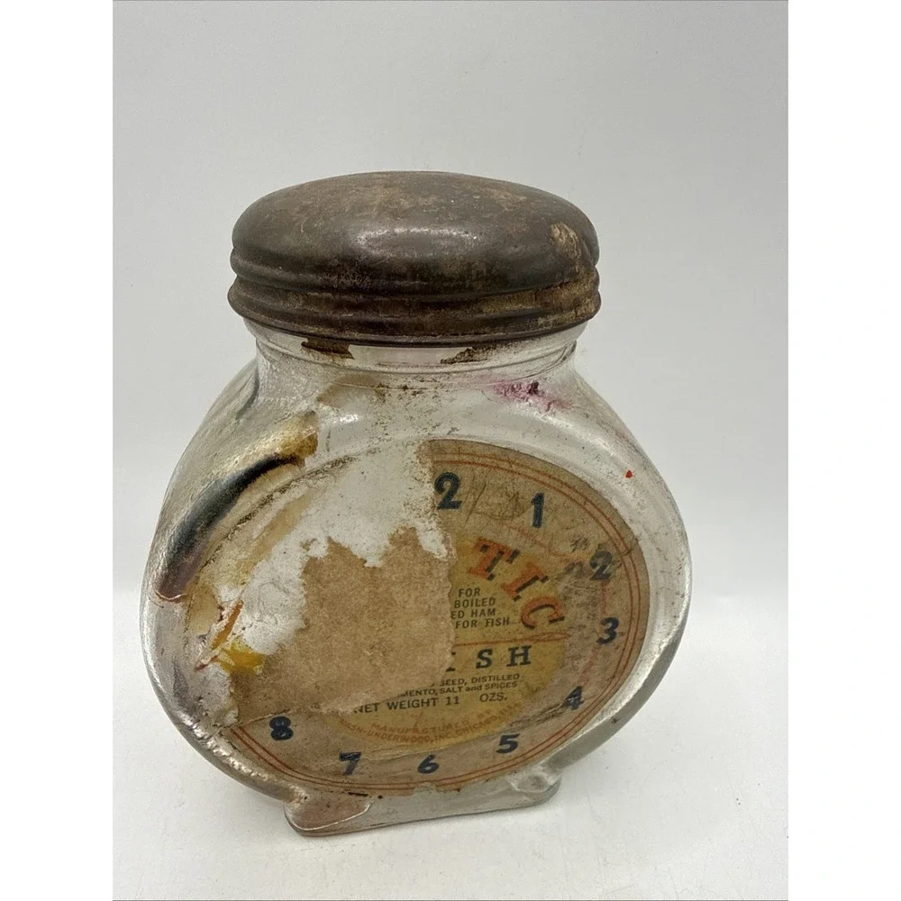 VTG 1930s Nash Underwood's Mustard Clock Faced Patent Application Glass Jar HTF