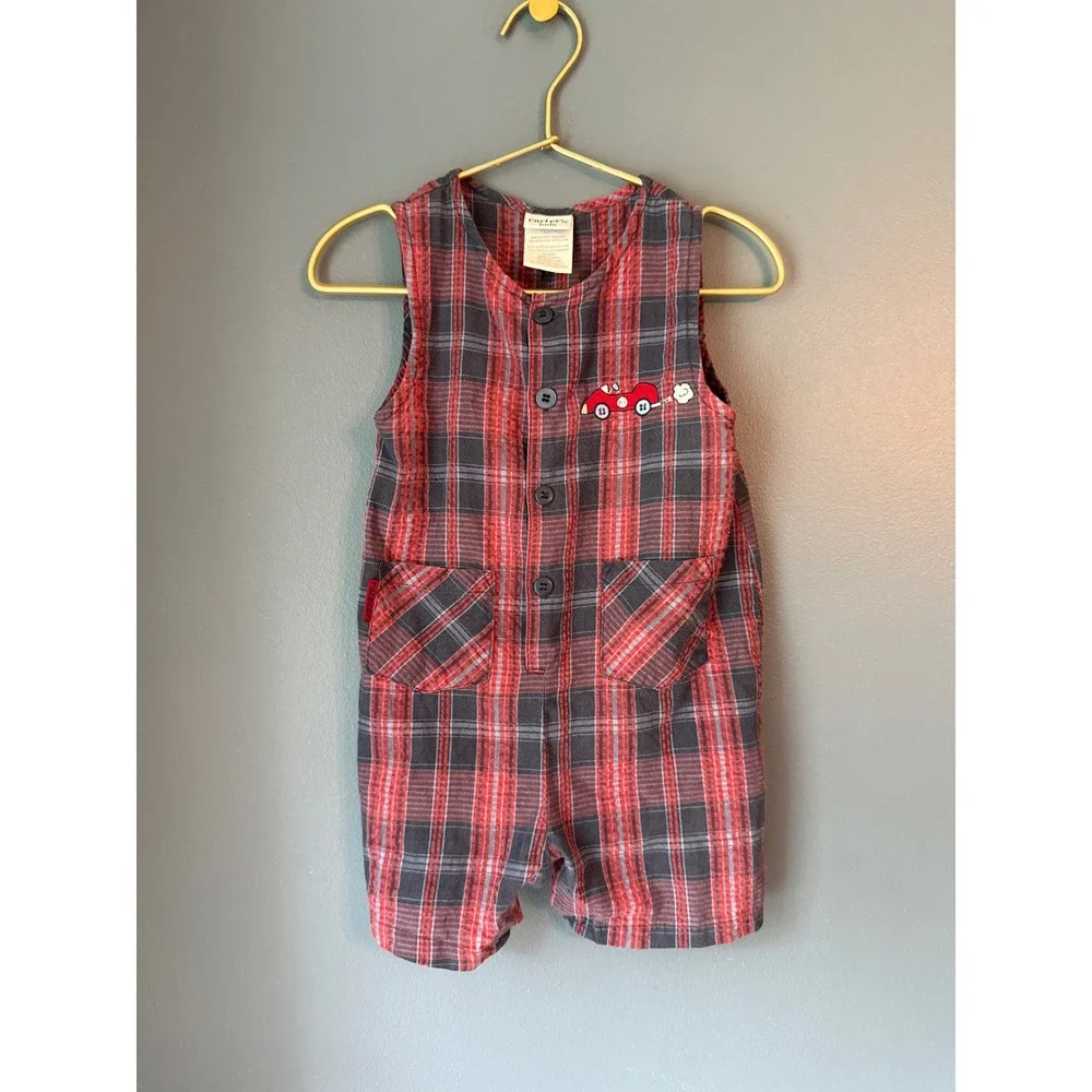 Vintage Carters Red navy Plaid Racecar Seersucker Romper 24 Months