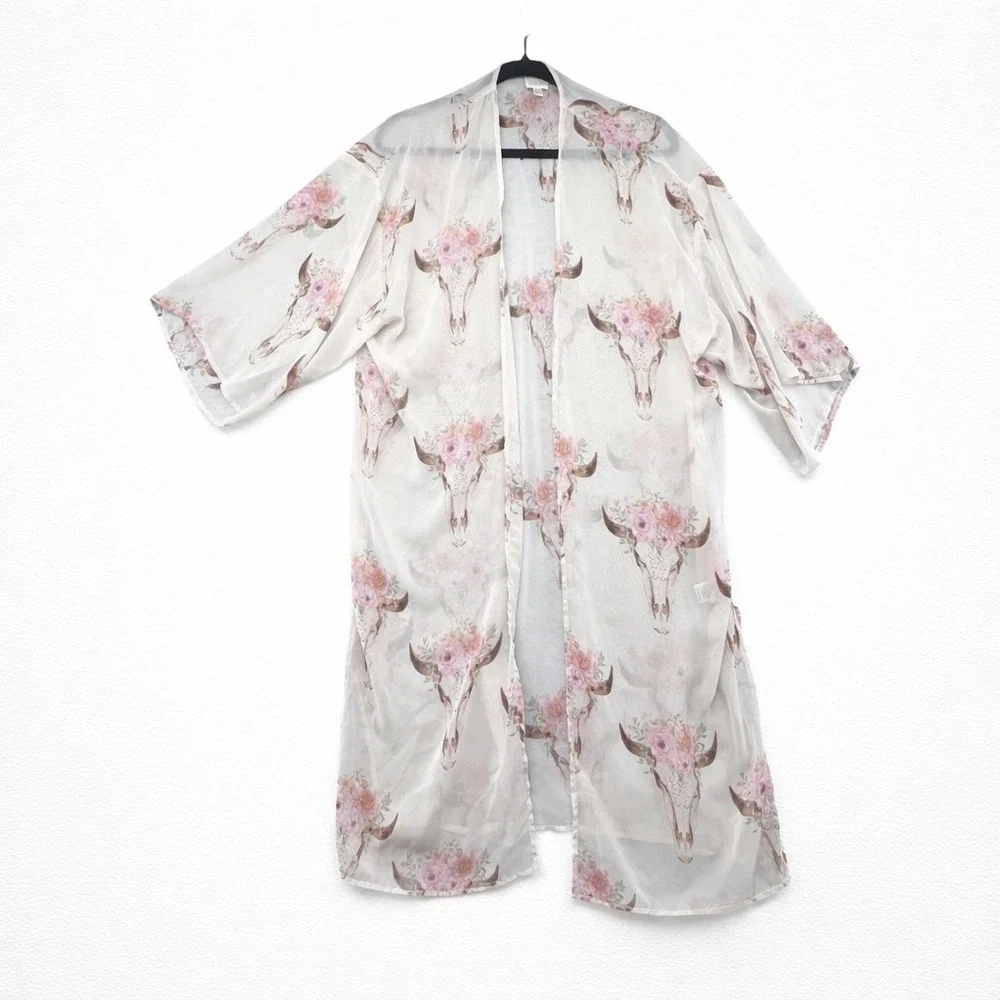 Pink Owl Kimono Duster Cardigan Floral Bull Skull‎ Bohemian Festival Cover Up