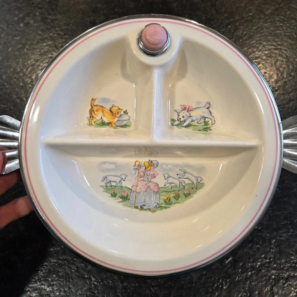 Vintage Baby Divided warming‎  Dish Plate Pink Trim Nursery Rhyme lil bow peep