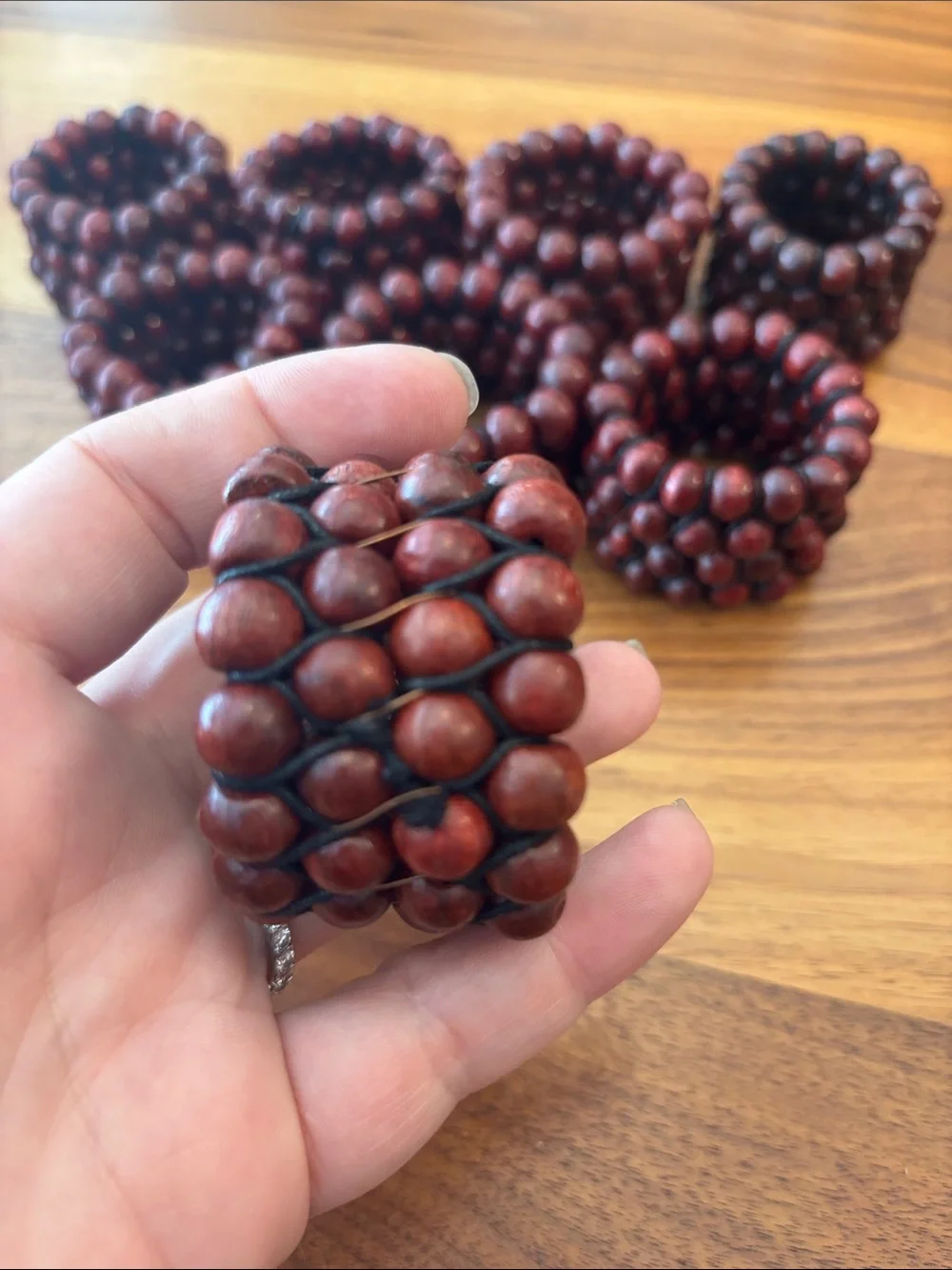 Crate & Barrel Mahogany Wood Red Beaded Napkin Rings Set of 8