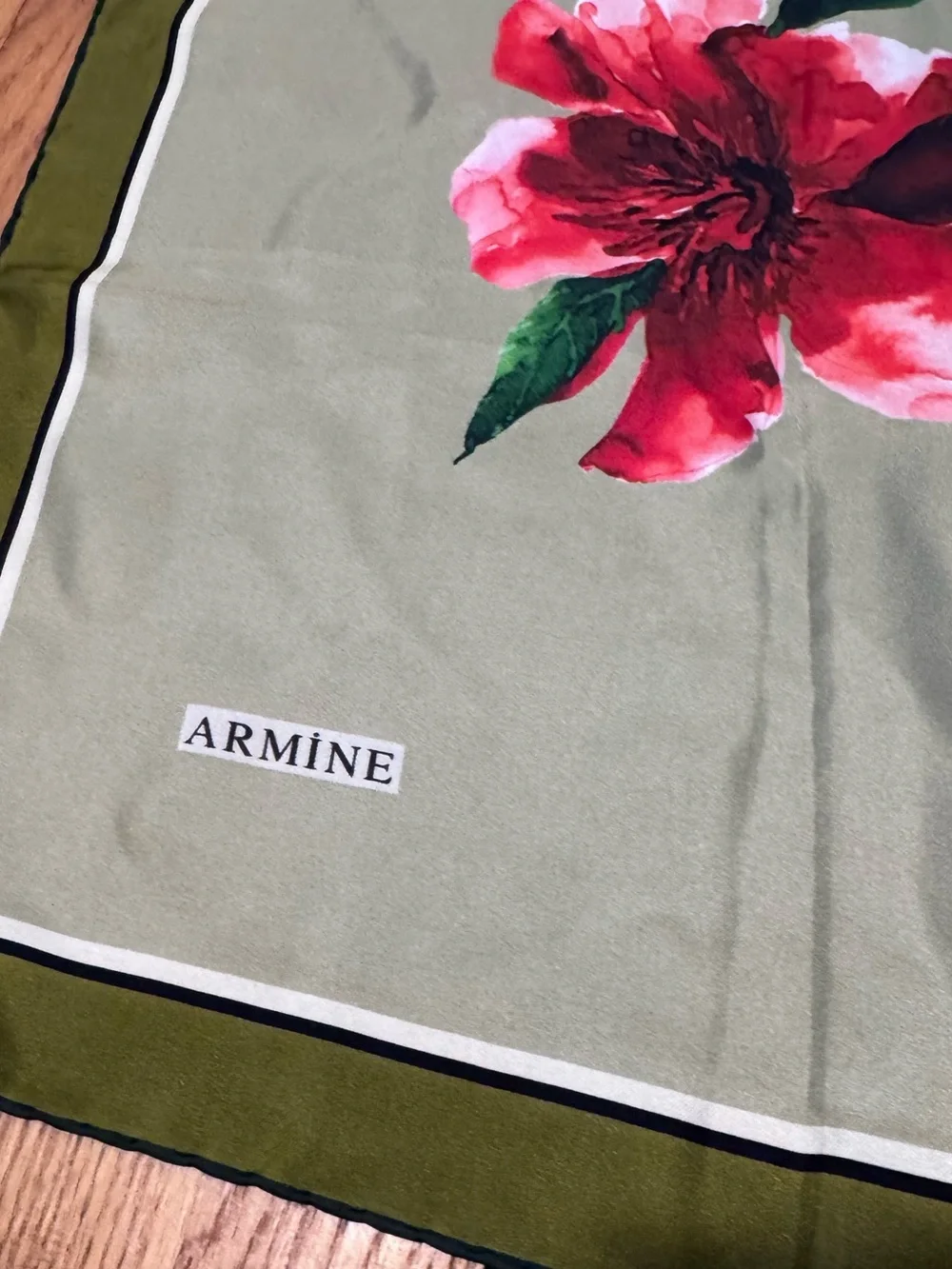 Armine 100% Silk Floral Square Scarf Sage Green Watercolor Flowers Turkey