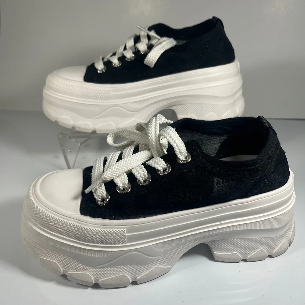 Womens Black White Platform Sneakers Chunky Sole Lace Up‎ Fashion Shoes