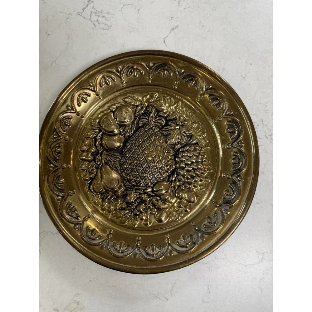 VTG Brass Tone Metal Fruit Relief Plate Wall Hanging Plaque 12