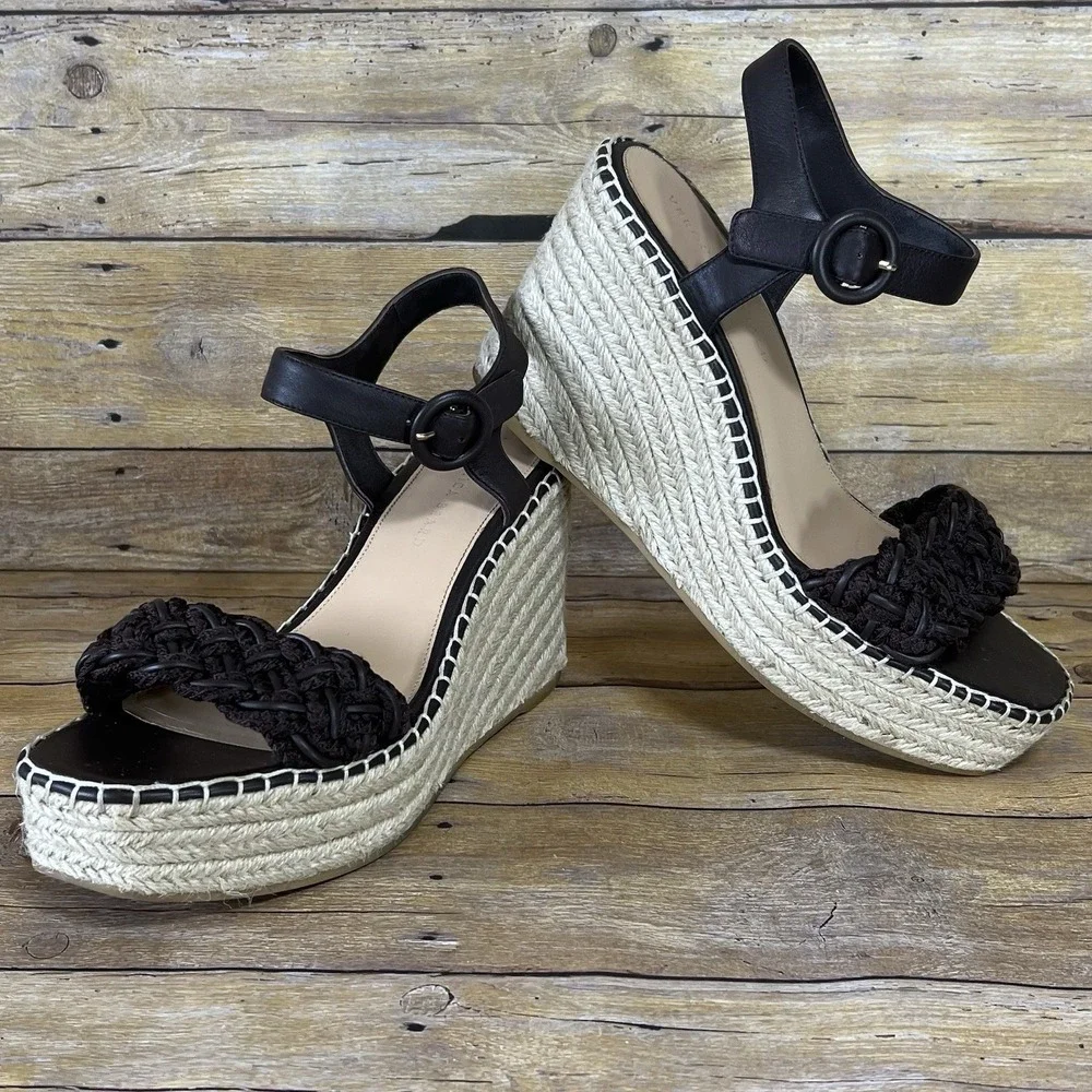 Veronica Beard Black Braided Espadrille Wedge  Leather Ankle‎ Strap Size 10