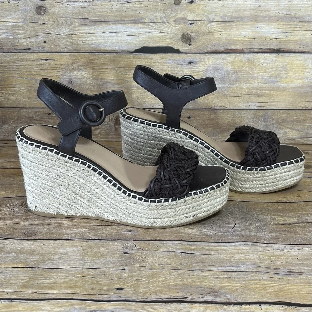 Veronica Beard Black Braided Espadrille Wedge  Leather Ankle‎ Strap Size 10