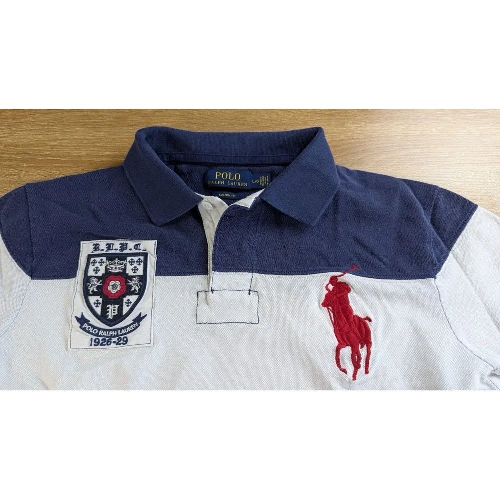 Polo Ralph Lauren Big Pony Mens L Custom Fit Rugby Stripe Crest Shirt Navy White