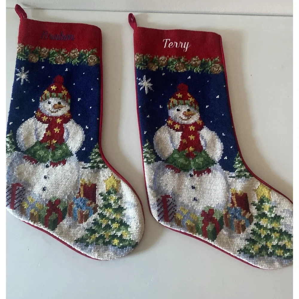 Christmas Snowman Lot of 2 Stockings Wool Needlepoint By Hand Red Velvet