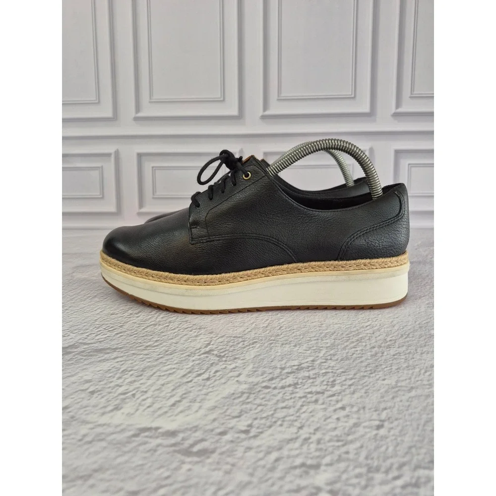 Clarks Womens Teadale Black Leather Platform Oxford Wedge Jute Trim Size 9.5 M