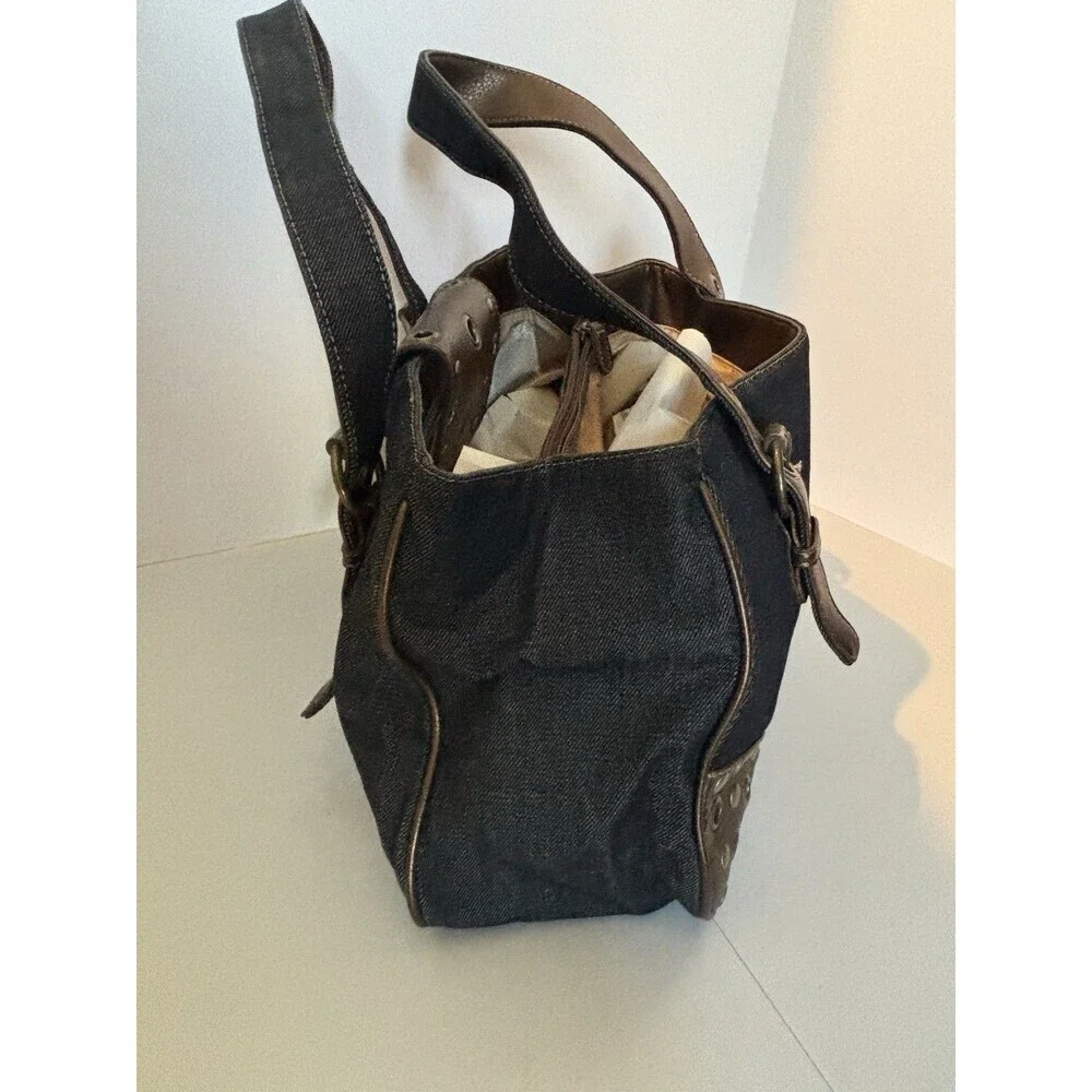 Franco Sarto Denim Blue & Brown Metallic Grommet Studded Y2K Satchel Tote Purse