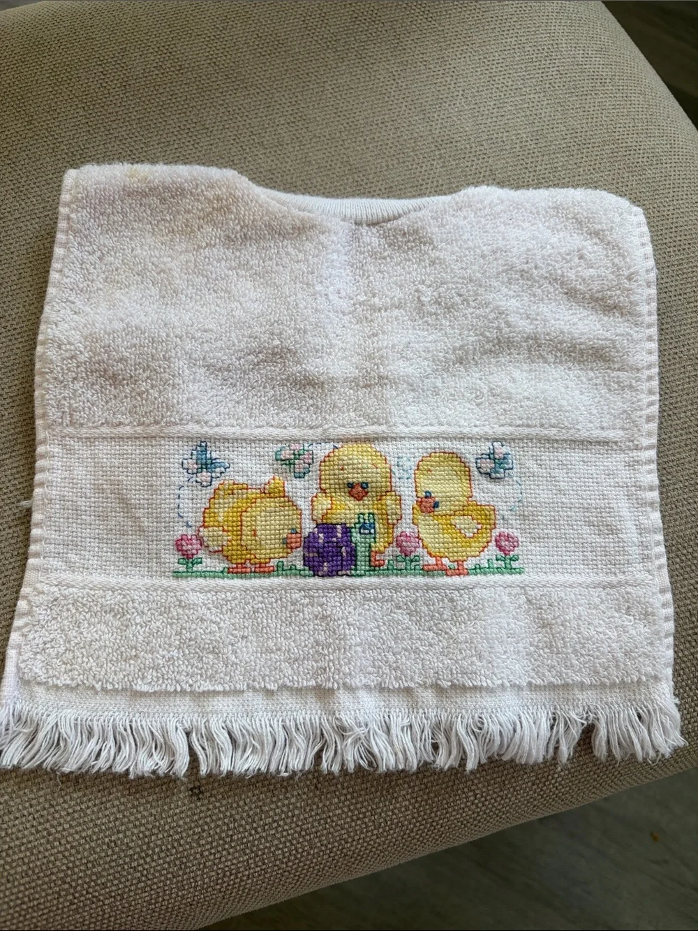 Vintage handmade White Baby Bib with Cross-Stitch Yellow Chicks