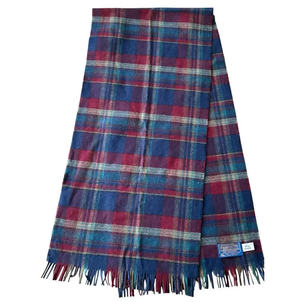 Pendleton 100% Virgin Wool Scarf Blue Plaid Fringed Made In USA 58” X 12”