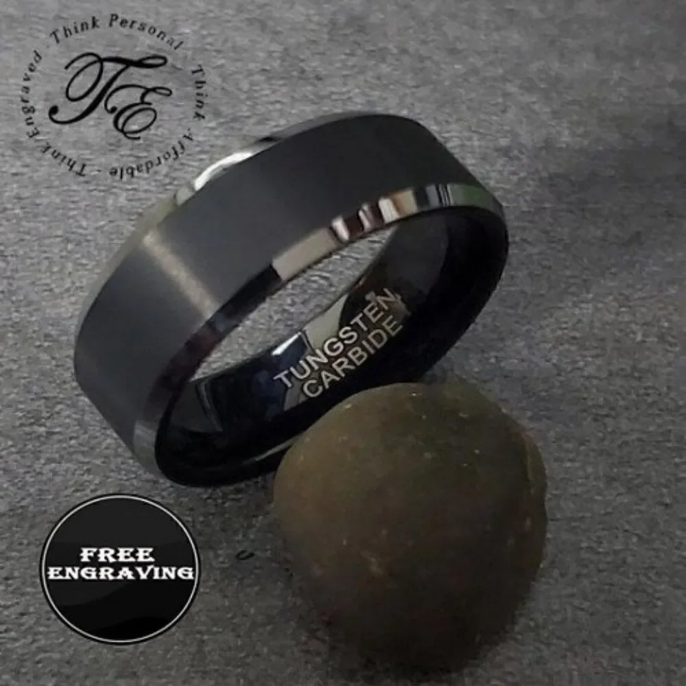Personalized Men's Black and silver Tungsten Wedding Ring Band - Silver Edges