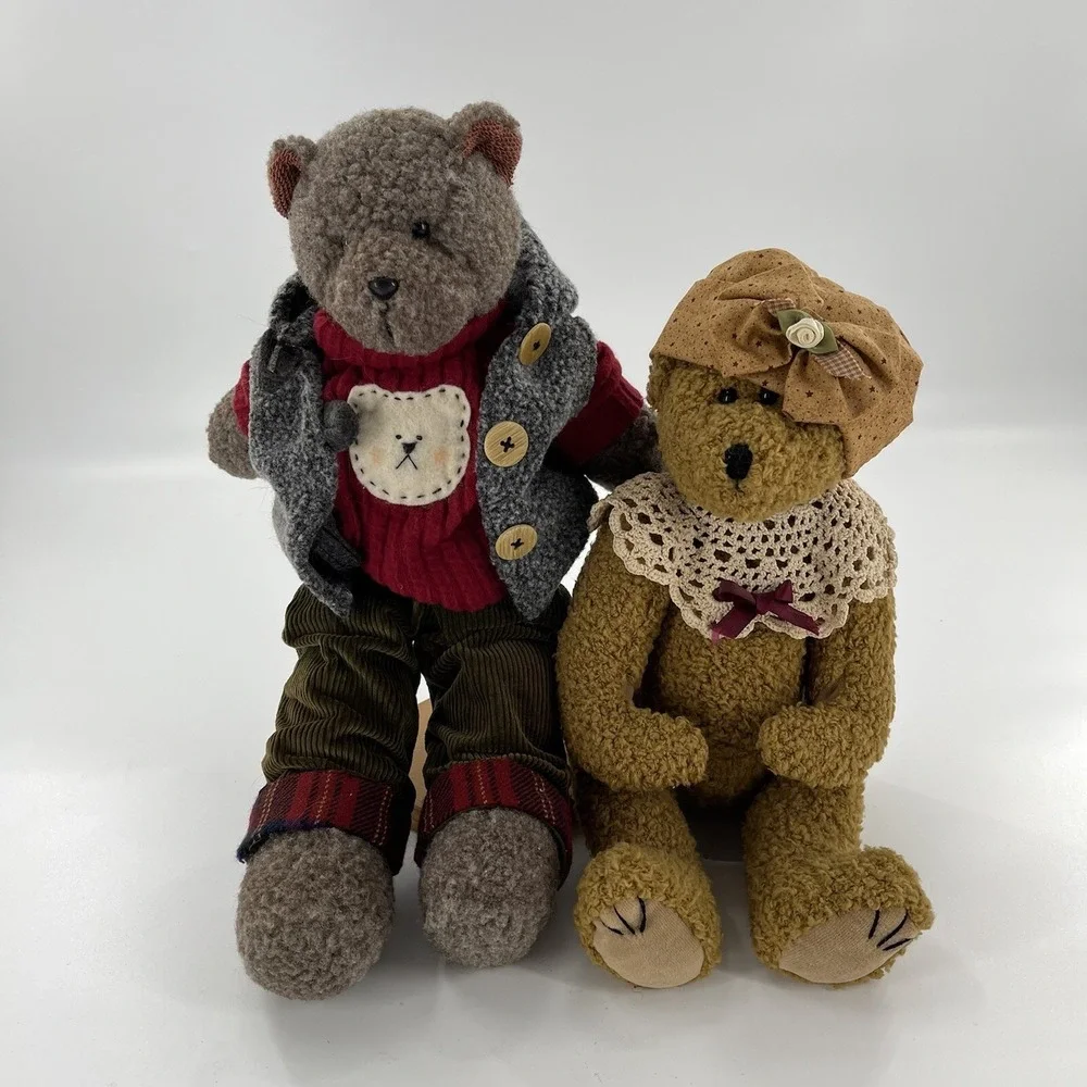 2 Vintage Russ Berrie Jointed Plush Boy Girl‎ Bears Cords Lace Pair Stands 14