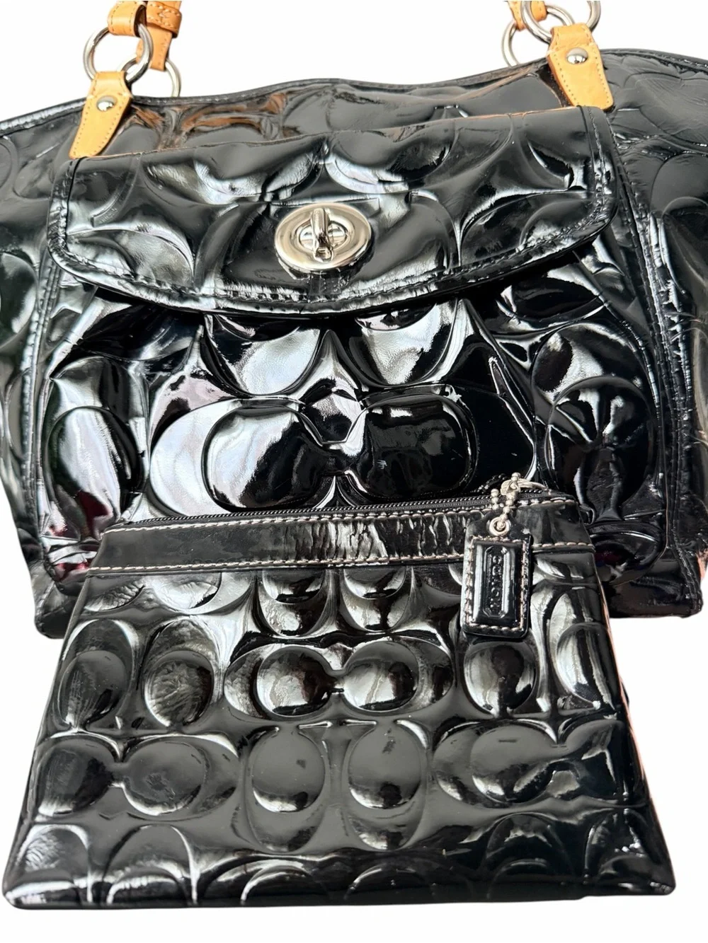 Coach Leah Signature Embossed Patent Leather Tote & Wristlet