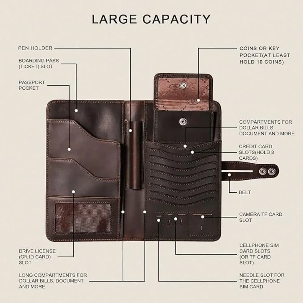 DONWORD Cow Leather Bi-Fold Passport Travel‎ Wallet RFID Blocking COFFEE