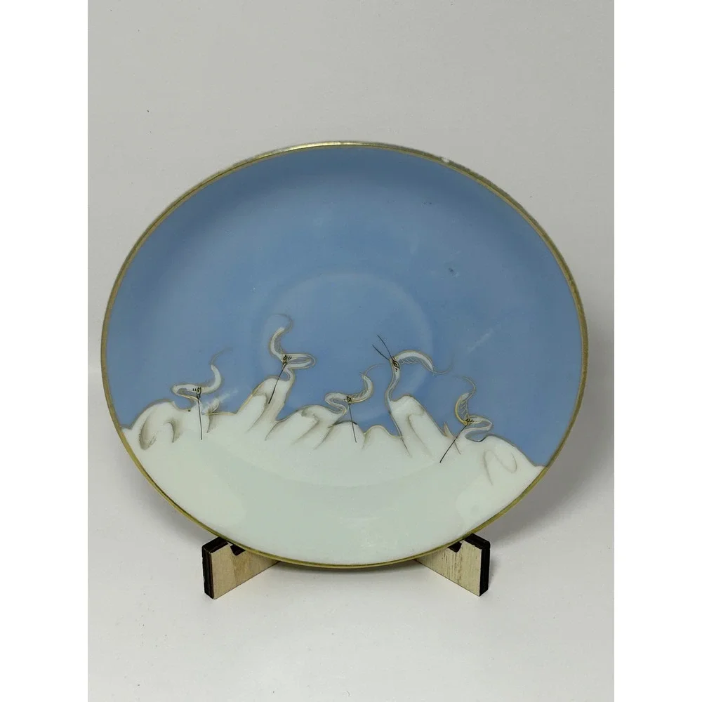 Mitsu-Boshi Japan Porcelain Saucer Blue White Egrets Herons‎ Gold Trim Set of 4