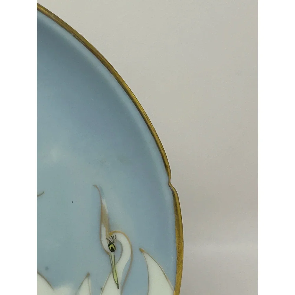 Mitsu-Boshi Japan Porcelain Saucer Blue White Egrets Herons‎ Gold Trim Set of 4