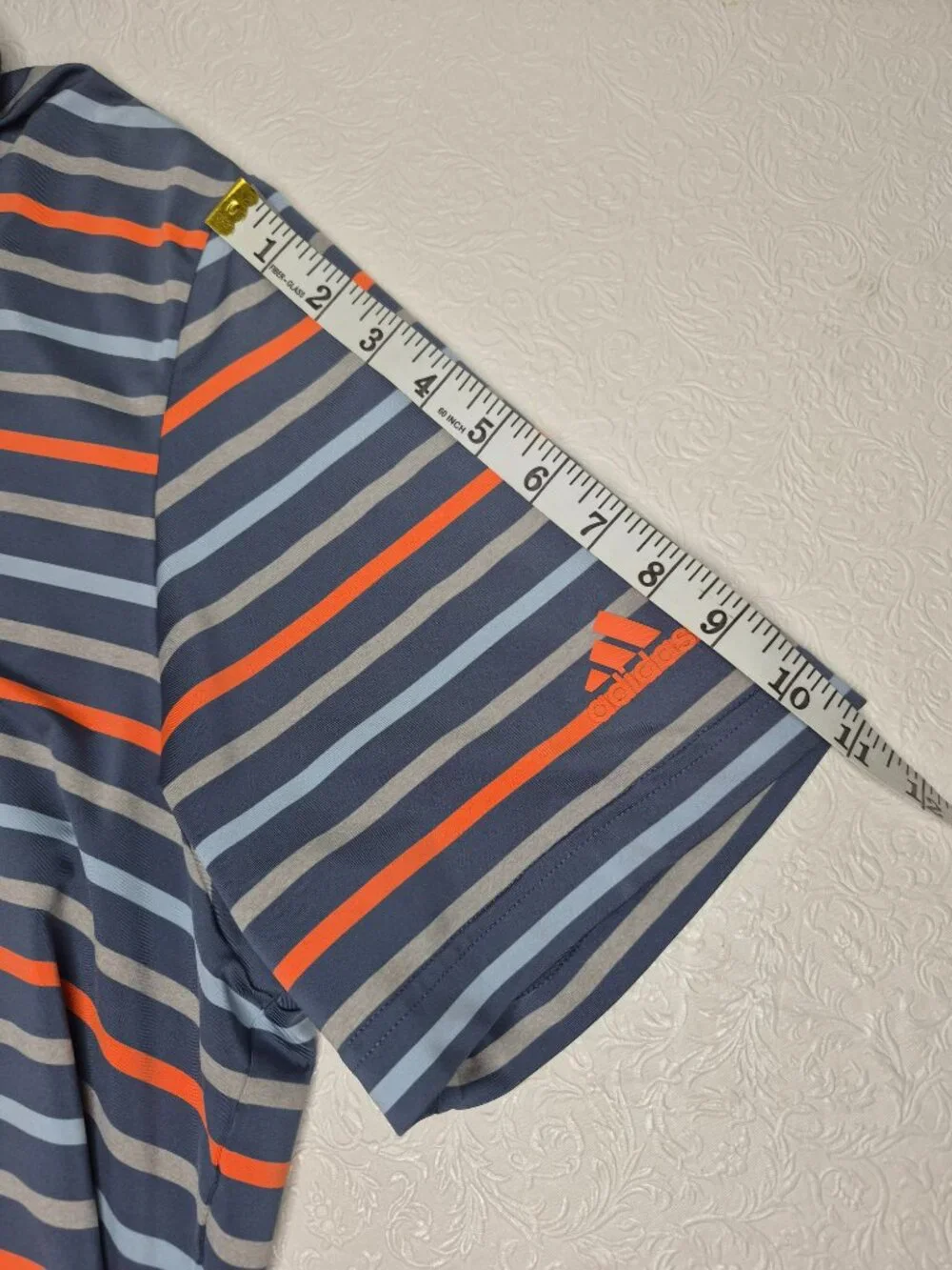 Adidas Mens XL Short Sleeve Stretchy Striped Logo Polo Shirt Blue Gray Orange