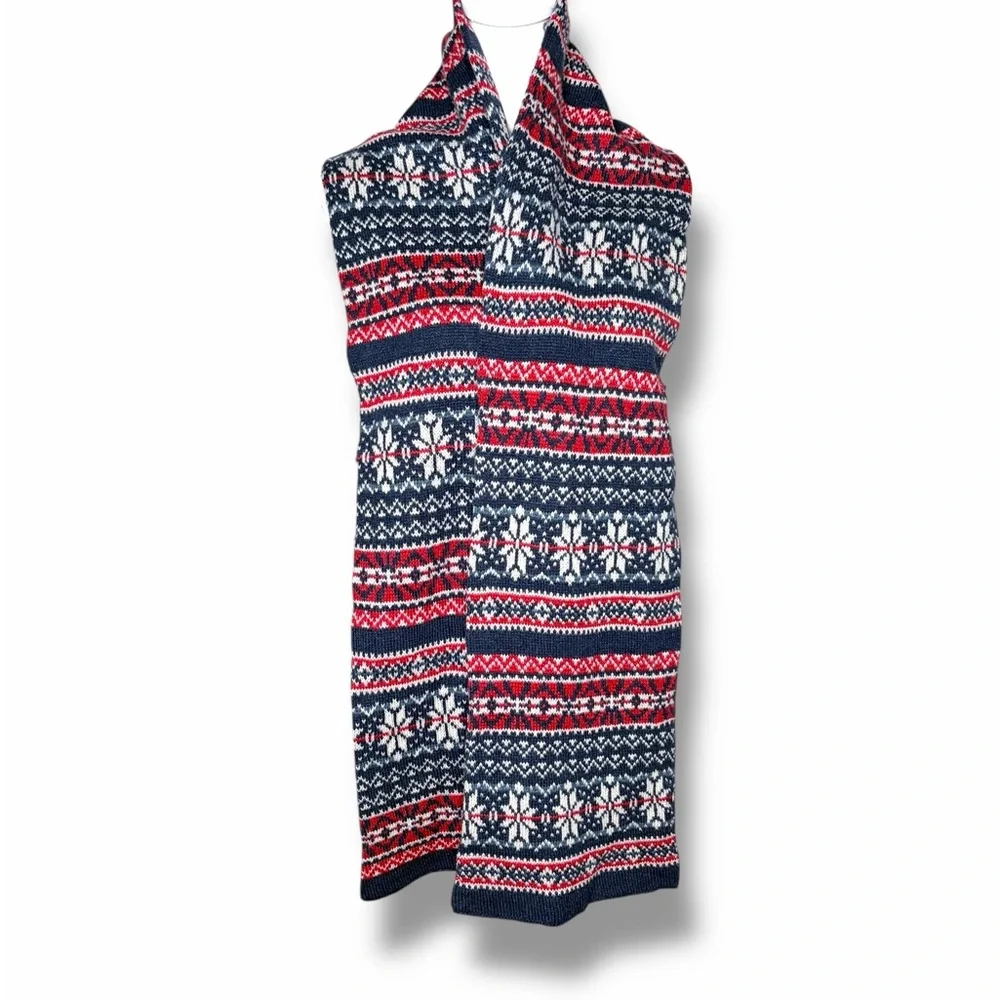 Lambswool Fair Isle Long Scarf Festive Red & Blue Knit