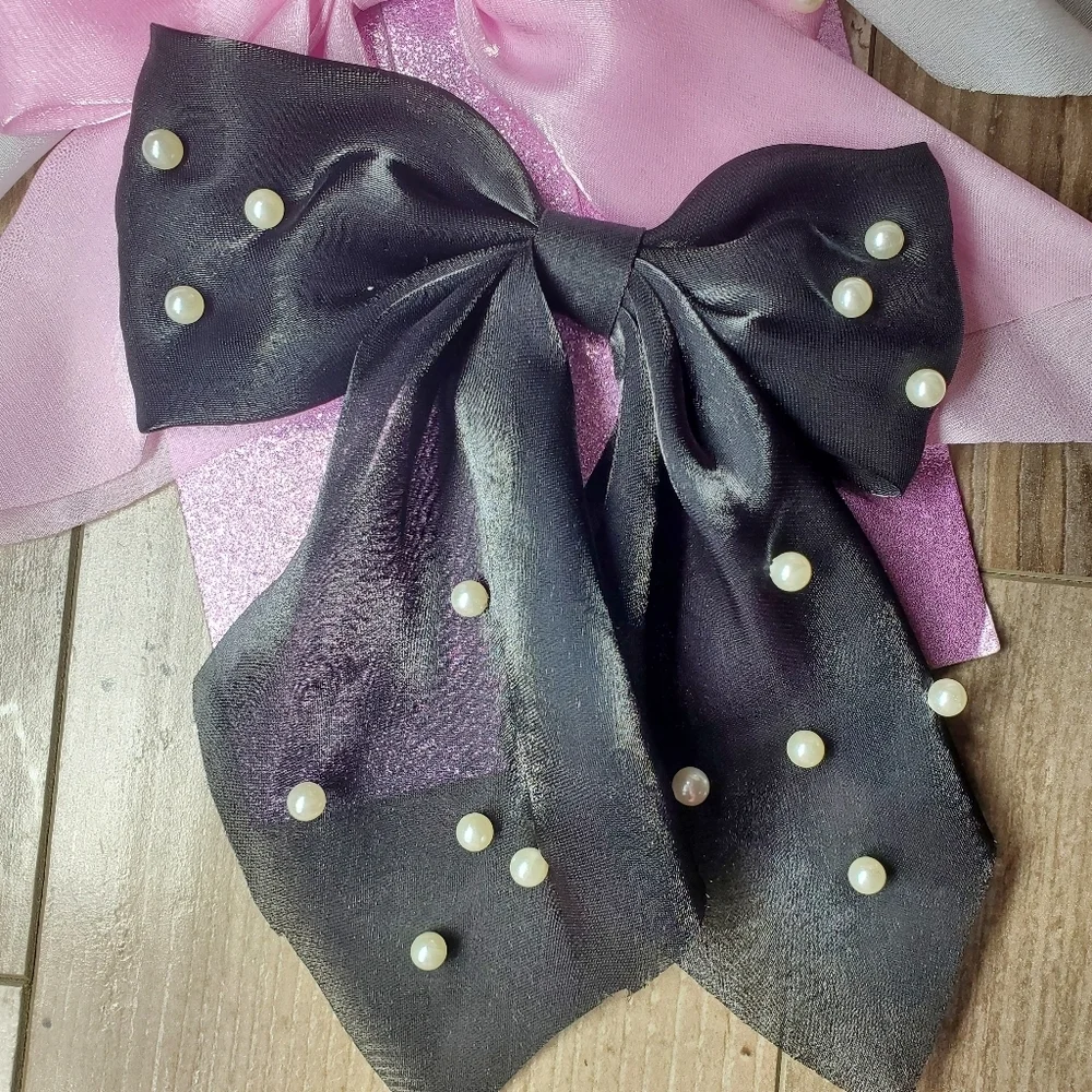 NWT Capelli New York Girls Pearl-Embellished 3pc Bow Set - White, Pink, Black