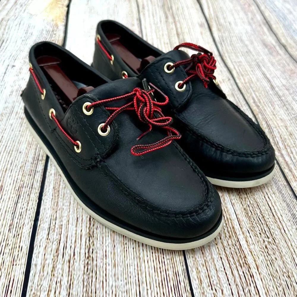 Timberland Men's Size 8 Classic Two-Eye Black Leather Boat Shoes Preppy Nautical