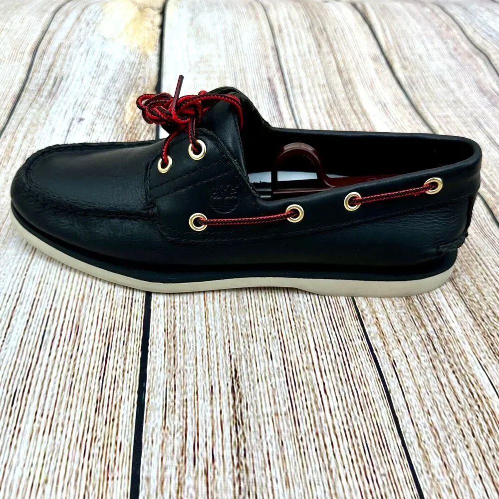 Timberland Men's Size 8 Classic Two-Eye Black Leather Boat Shoes Preppy Nautical