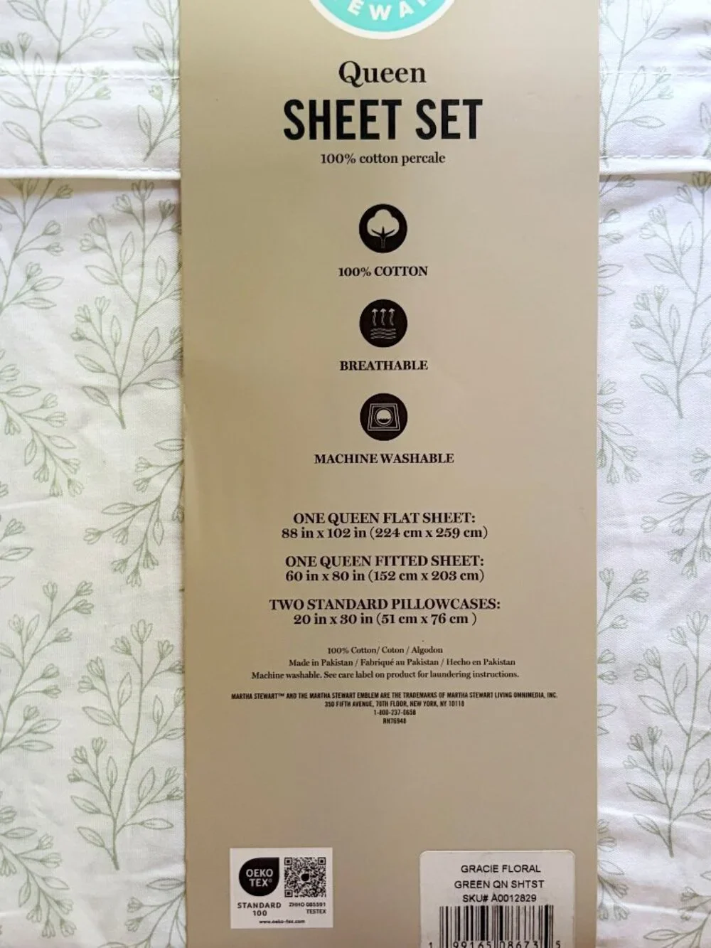Martha Stewart Queen Size GRACIE FLORAL GREEN Cotton Percale Sheet Set